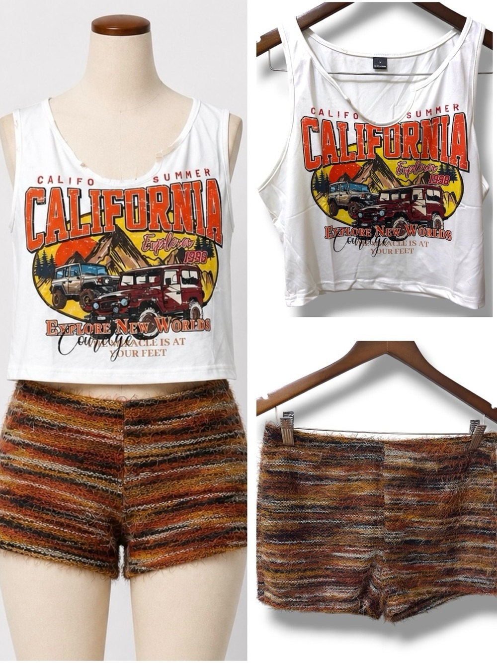 SHEIN | NWOT Matching Set White California Graphic Tank Top & Fuzzy Shorts (L)
